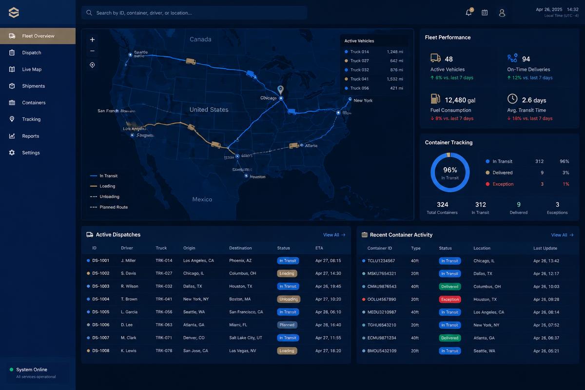 Fleet dispatch and container tracking dashboard